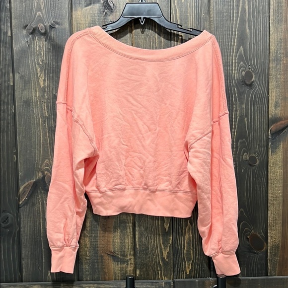 Free People Tops - Free People Sweater XS Coral Take Me Back‎ Cropped Open Back Oversized Boho Pink